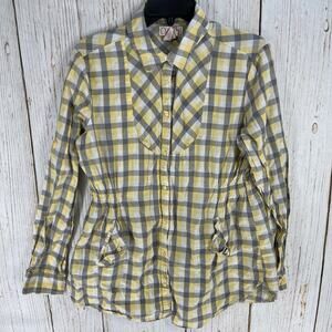 OP Top Womens XL Yellow Gray Plaid Button Up Shirt Long Sleeve Pockets Cotton